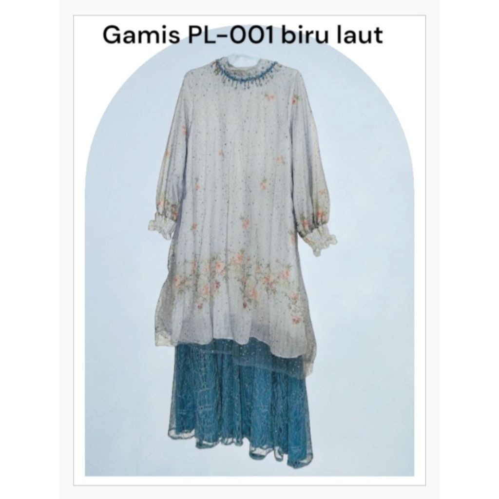 Gamis PL-001 biru laut motif bunga lengan panjang gaun muslim wanita