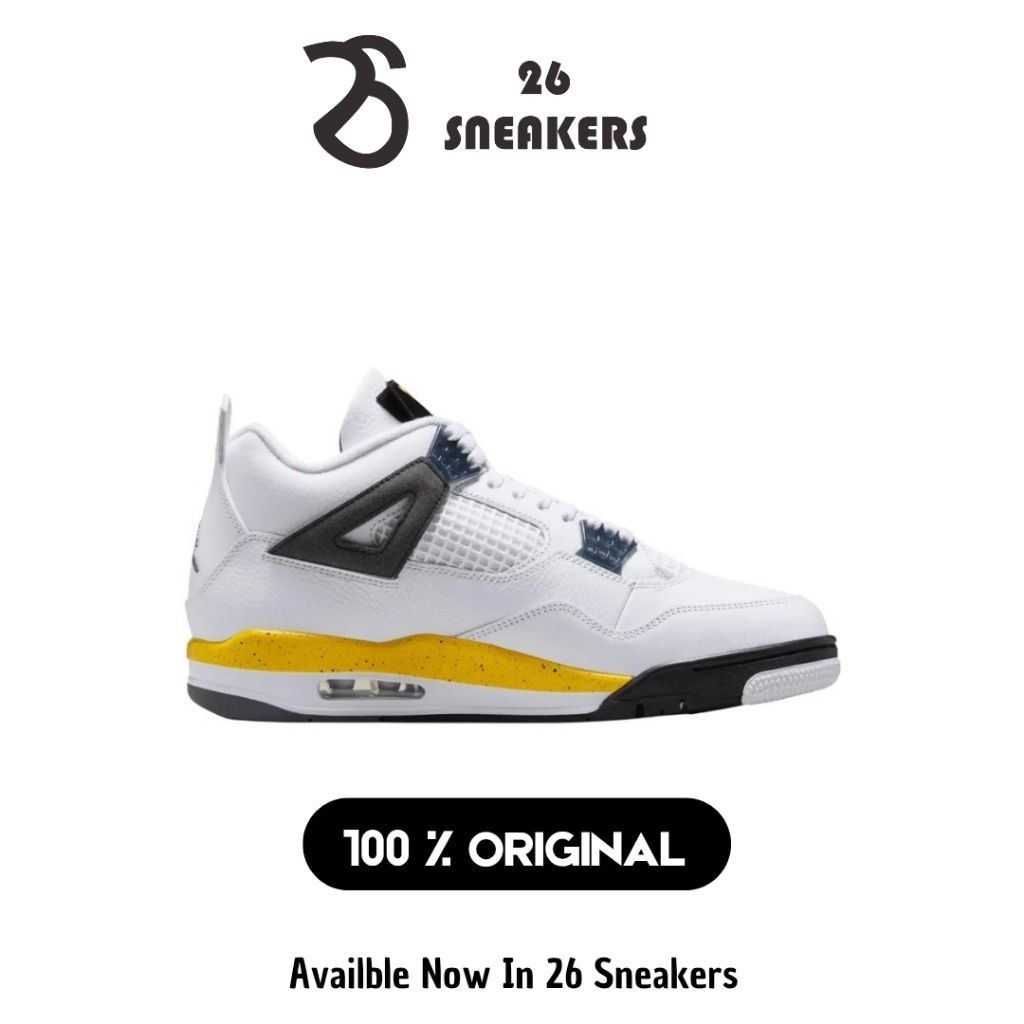 Nike air jordan 4 retro men's basketball shoes - white/tour yellow-dark blue grey-black Original