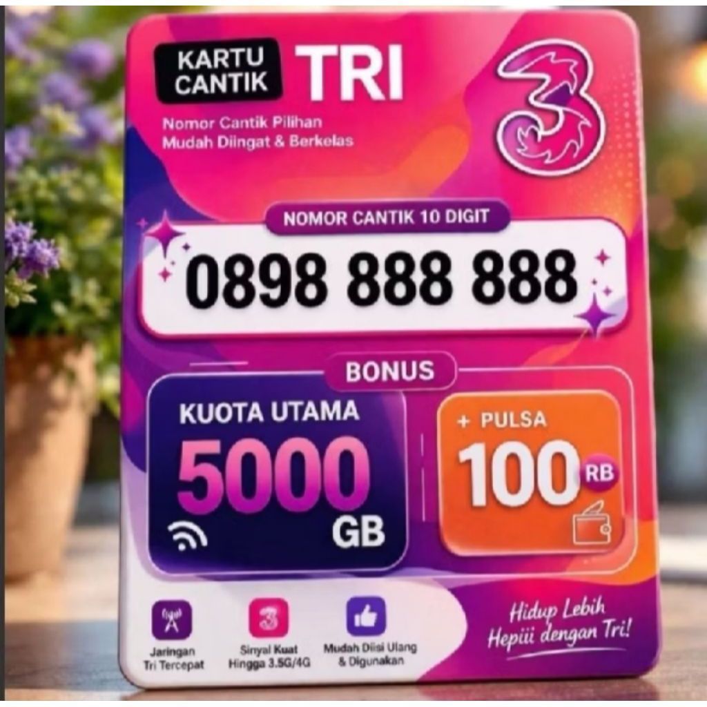 kartu cantik Tri 10 digit bonus kuota 5000gb dan pulsa 100rb masa aktif selamanya