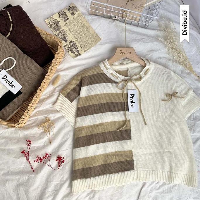 Eris Vest Knit - Rajut Atasan Wanita - Motif Batwing Garis Pita