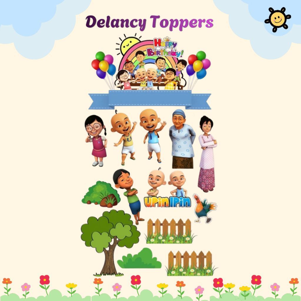 Topper Upin Ipin Custom Nama | Hiasan Kue Ulang Tahun | Hiasan Tumpengan / Tower Snack | Topper Cake
