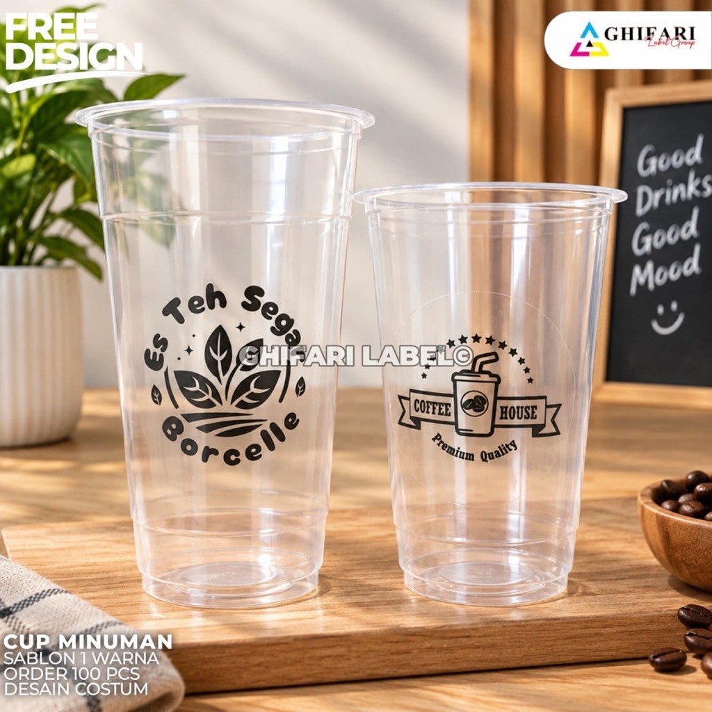 Sablon Gelas Cup Oval 100pcs Desain Custom, Sablon Cup, Sablon 1 Warna 12-14-16-18-22 OZ