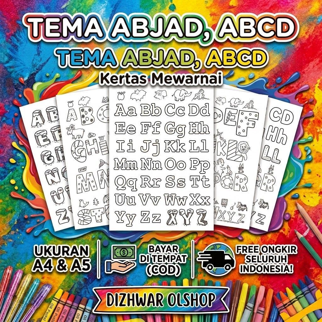 50 lembar kertas mewarnai, GAMBAR MEWARNAI tema huruf,abjad, abcd