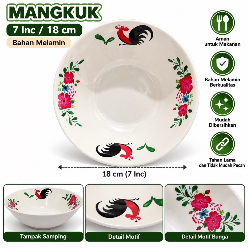 (6pcs/12pcs) - Mangkok Melamin Motif Ayam Jago 7 inch - Mangkok Saji Bakso Mi Ayam - Mangkok Melamin