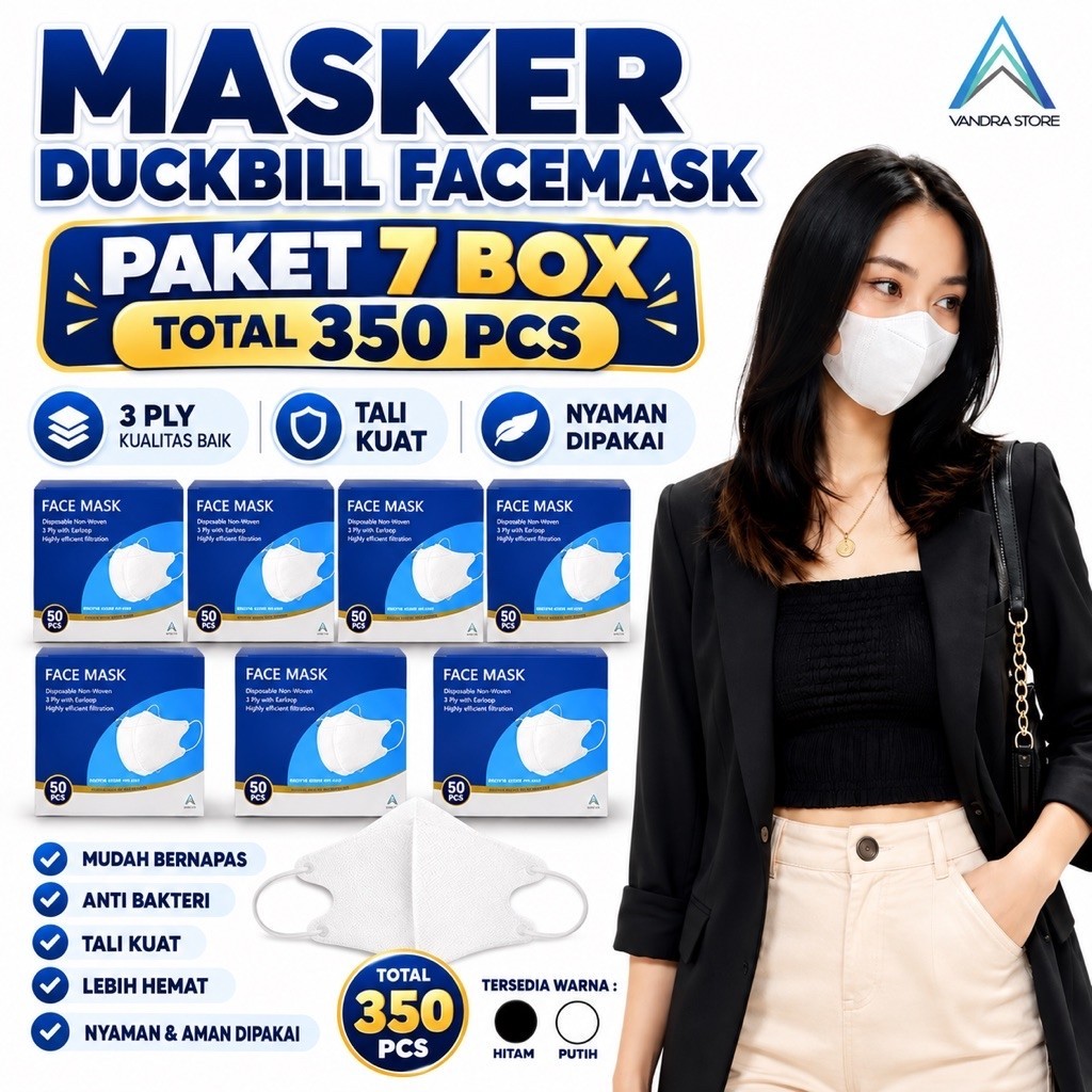 (PAKET HEMAT 7 BOX) Masker Duckbill Facemask 3 Ply Total Isi 350 PCS Hitam Putih | Grosir Cocok Rese