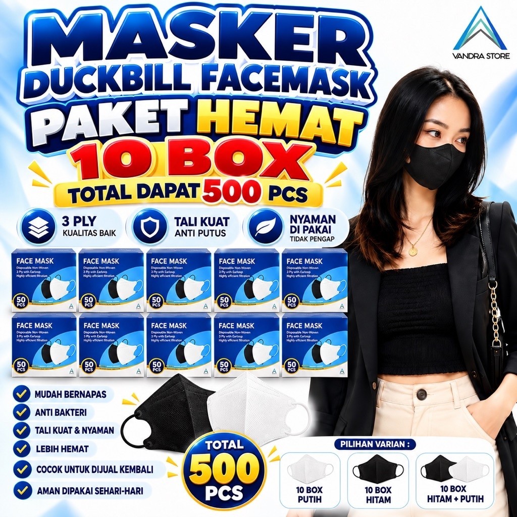 (PAKET HEMAT 10 BOX) Masker Duckbill Facemask 3 Ply Hitam Putih Total Isi 500 PCS | Grosir Hemat Coc