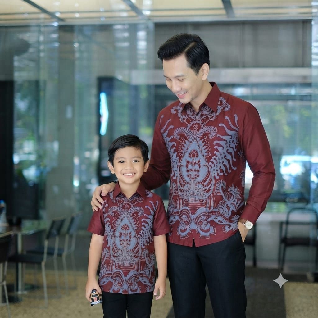 Baju Kemeja Batik Ayah Anak Lapis Furing Slimfit Merah Maroon