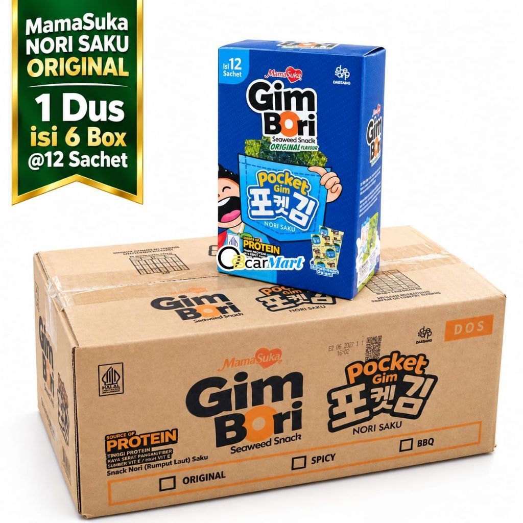 MamaSuka Nori Saku Original 1 Dus Isi 6 Box ( 72 Sachet ) Rumput Laut Kering Panggang Snack Seaweed 