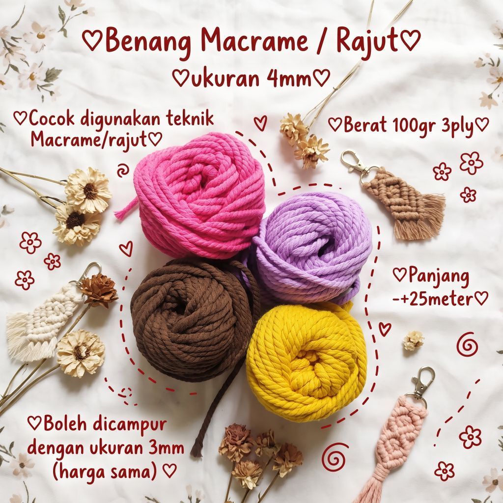 (KOZHIE) TALI KATUN UKURAN 4MM / BENANG KATUN MACRAME / TALI BENANG MACRAME