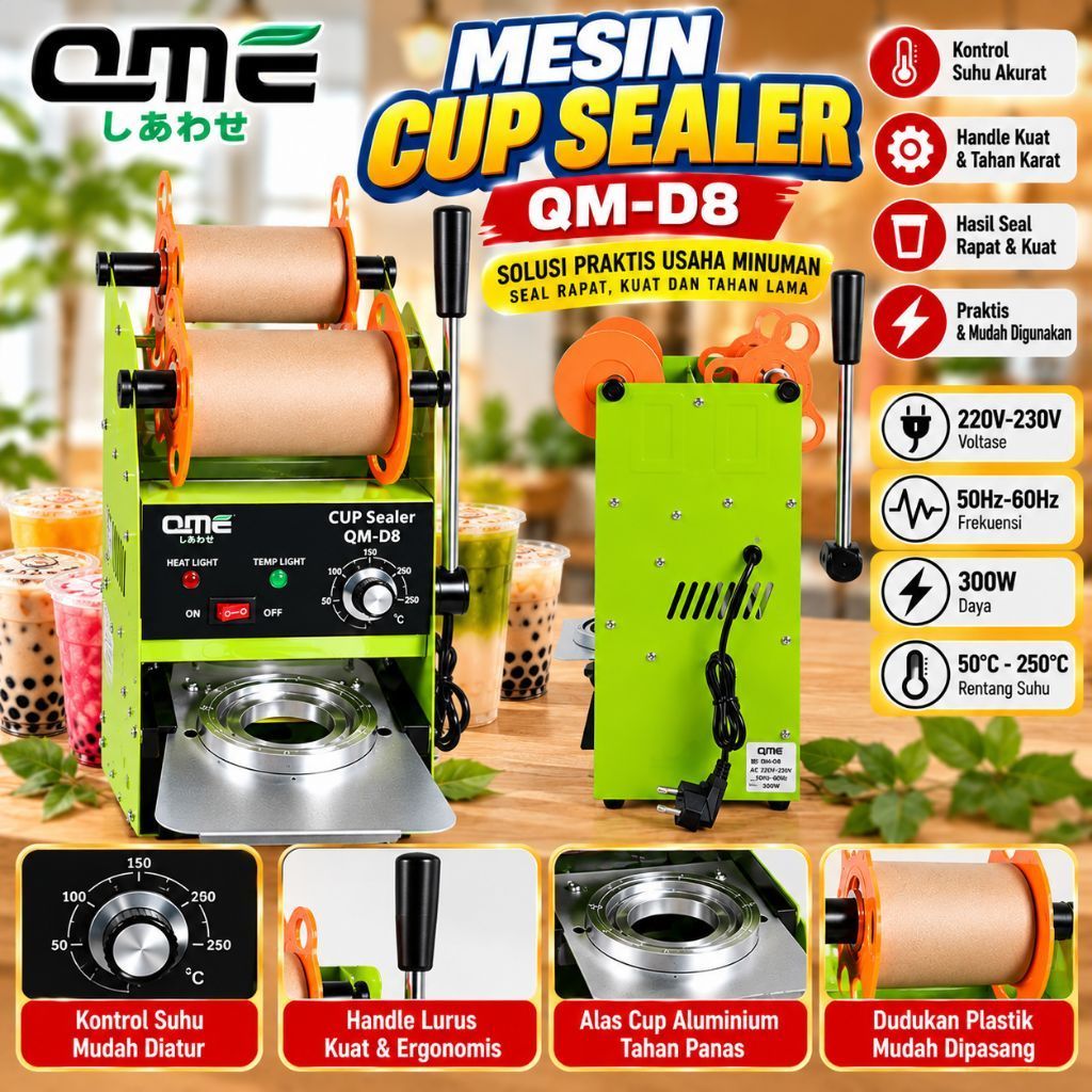 Mesin Cup Sealer QME QM-D8 Kontrol Suhu Akurat 300W 220V-230V untuk Kemasan Cup Kopi