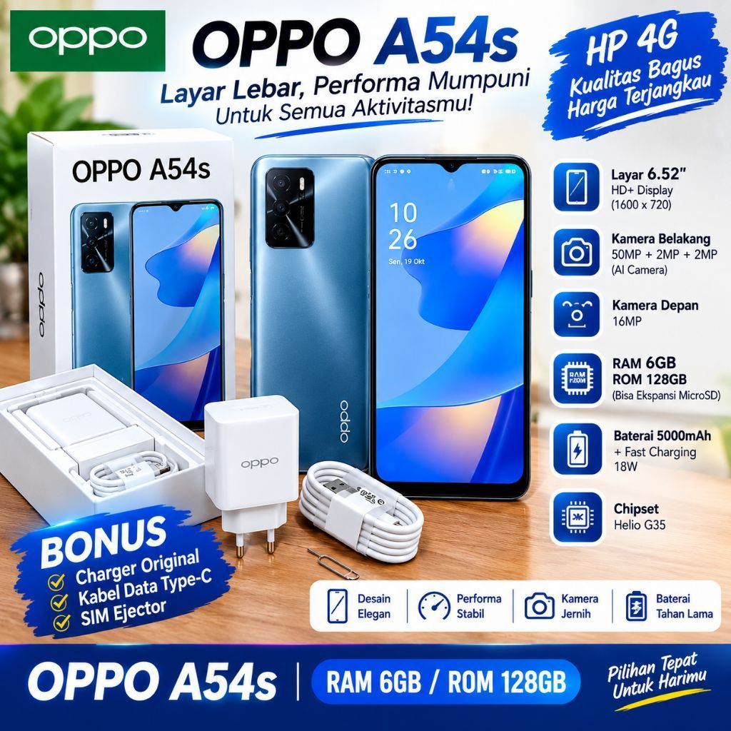HP OPPO A54s 4G RAM 6GB ROM 128GB Layar 6.52 HD+ Kamera Belakang 50MP dengan Bonus Pengisi Daya dan 