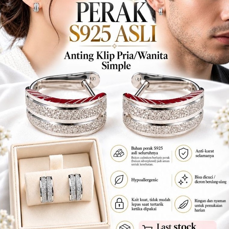 Anting Klip Pria/Wanita S925 asli anti karat selamanya model Simple sudah Rhodium