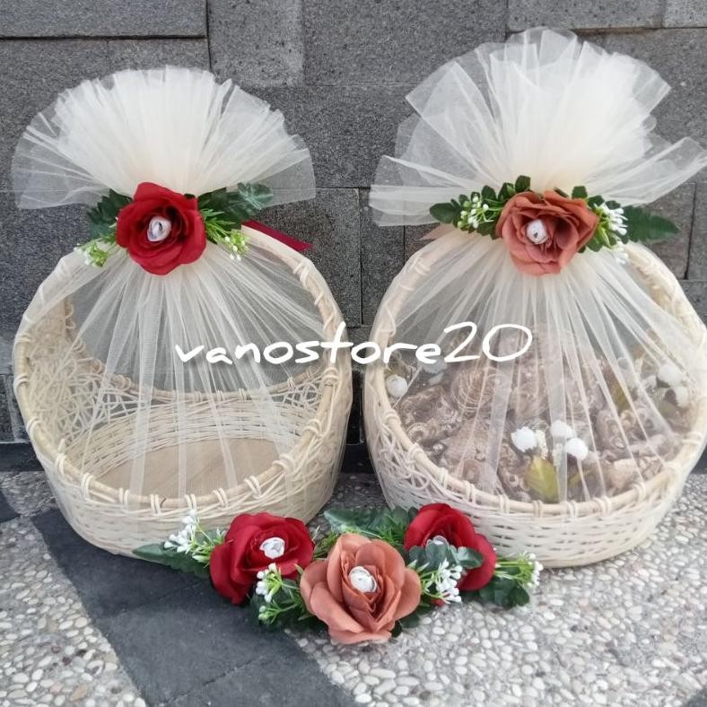 Keranjang hantaran seserahan Rotan Model Cincin Set 2 Seserahan Pernikahan hias kain tile bunga cant