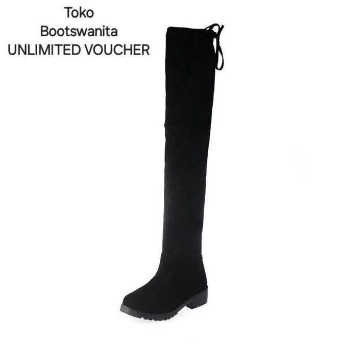 Knee Boots Panjang Atas Lutut Hitam Flat Wanita B25 Ukuran 35 - 42