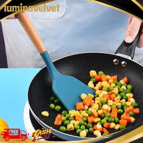 Terlaris Spatula Silikon Utensil Gagang Kayu Tahan Panas Sutil Silikon Tahan Panas