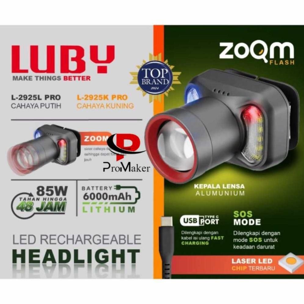 Senter Kepala LED Luby L-2925L PRO 85W Zoom Flash Cahaya Putih Garansi Resmi Original. Senter