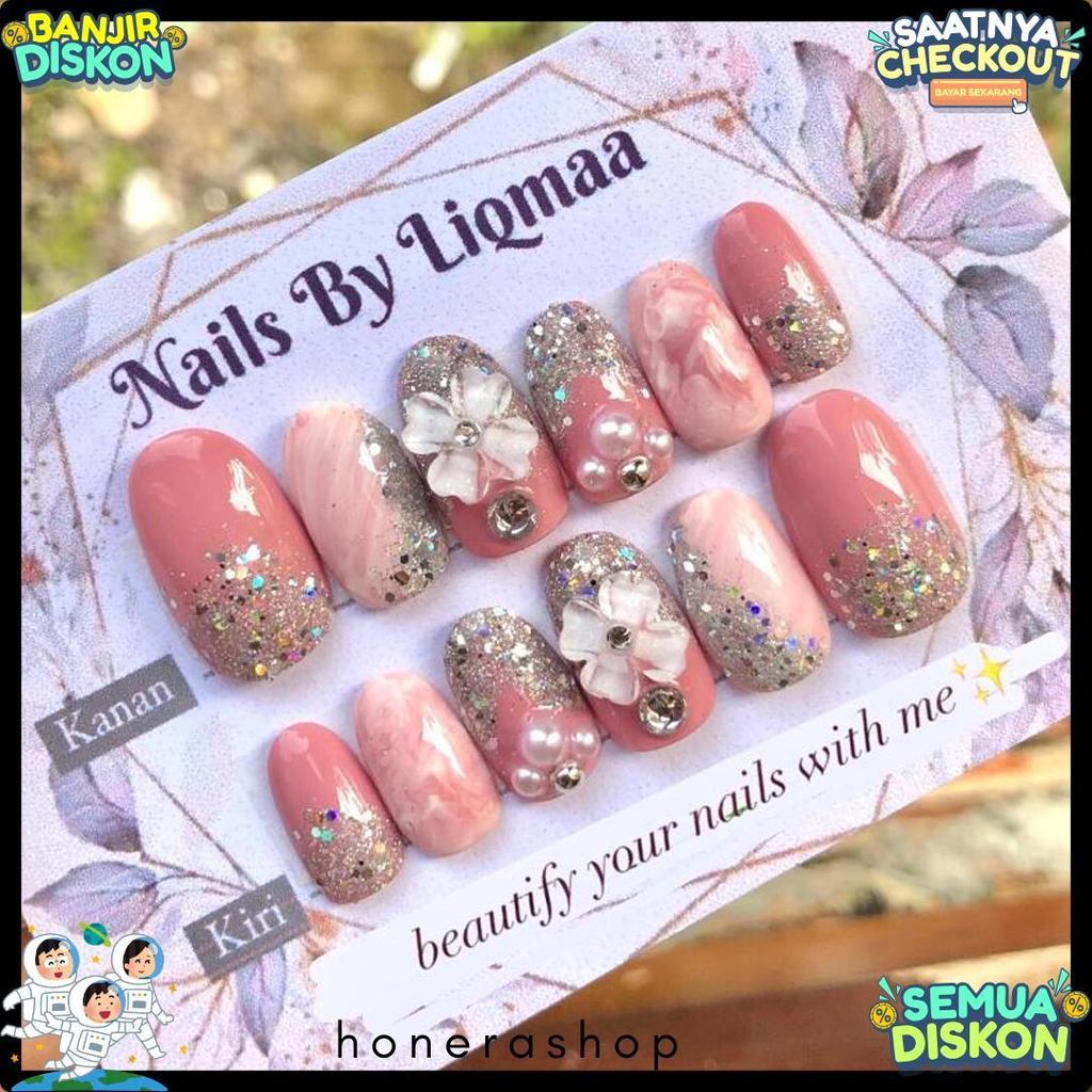 Cod Kuku Palsu Pink Nude Kombi Bunga / Kuku Palsu Wedding / Nail Art Nude / Kuku Palsu Nude / Nail A