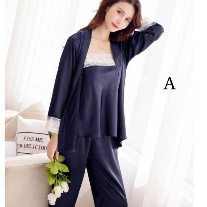 Baju Tidur Piyama Tanktop Panjang Kimono Silk Satin Polos 116