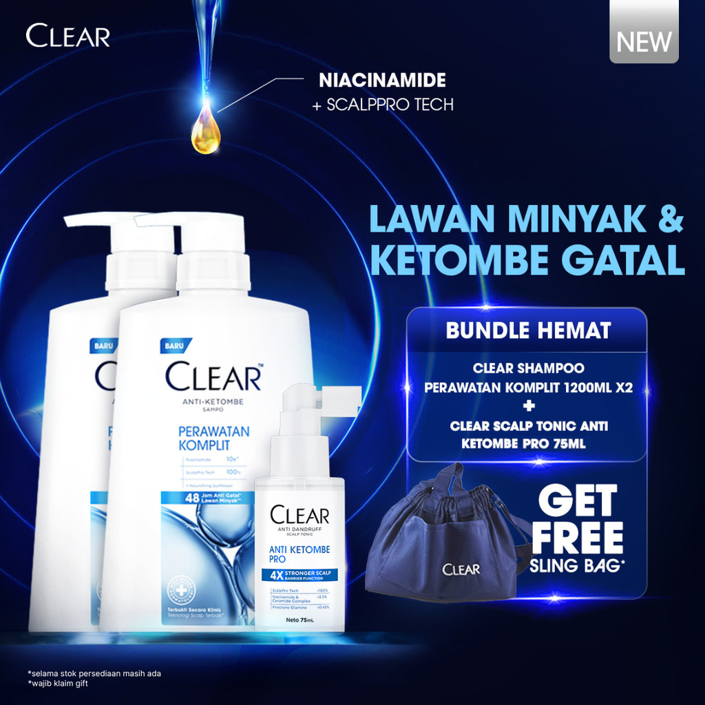 [BUNDLE ANTI KETOMBE PRO] CLEAR Shampoo Perawatan Komplit 1200 ml x2 + CLEAR Anti Dandruff Scalp Ton
