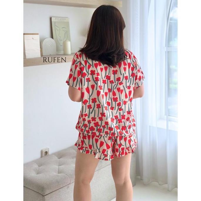 Rufen / Setelan Baju Tidur Wanita Bahan Rayon Warna Merah