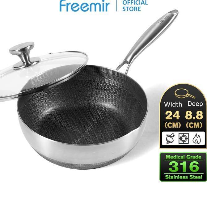 [NEW 2025] freemir Honeycomb Panci Penggorengan 24 cm Stainless 316 Anti Lengket + Tutup Kaca P88L