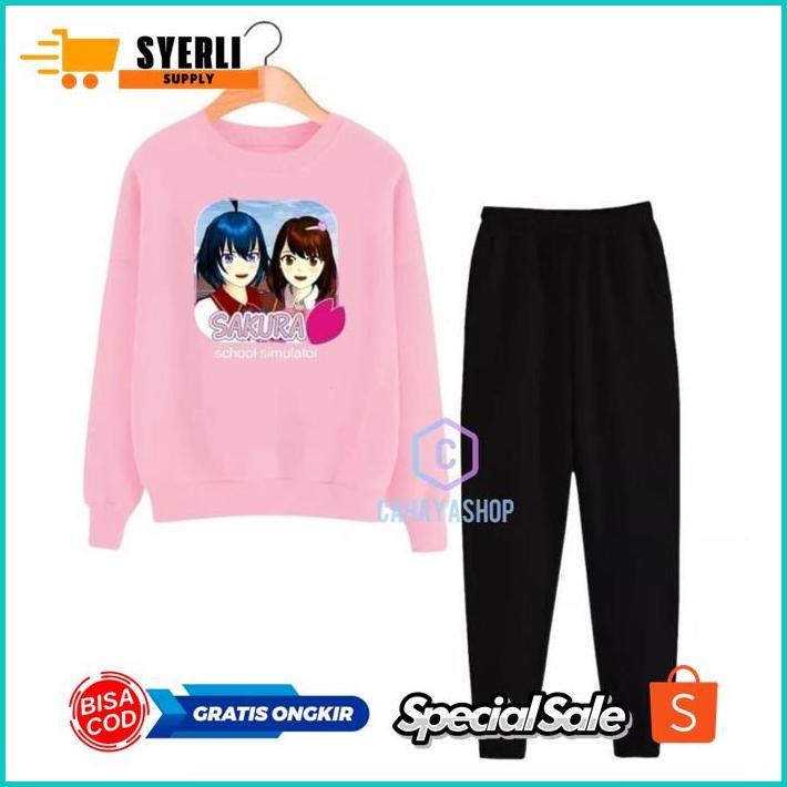 see-97 fb-43 Baju Setelan Anak Cewek Lengan Panjang Motif Sakura School Simulator Viral Umur 4-11 Ta