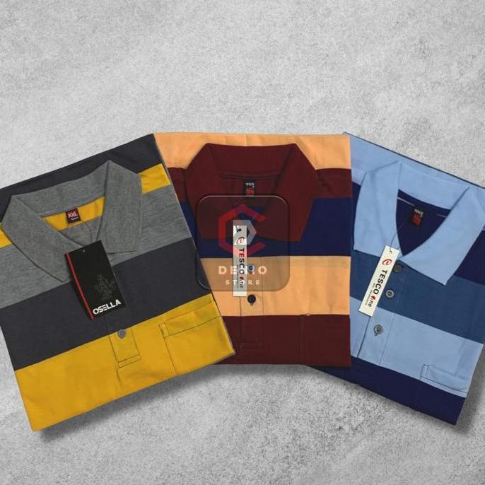 DF234>> [SATUAN] Kaos Bekerah Salur Saku Depan Pria Dewasa | Kaus Krah Motif Garis Bapak | Baju Berk