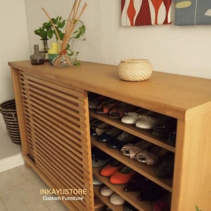 Lemari sepatu minimalis kayu jati solid, Almari sepatu kayu jati solid