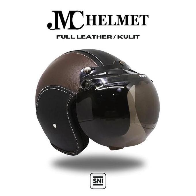 TERMURAH - Helm Bogo Retro Cokelat Tua Full Leather/Kulit Kaca Polos Biasa SNI Pria/ Wanita