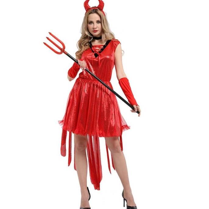 &<&<&<&] Red Devil Woman Costume Kostum wanita Iblis Wanita Halloween