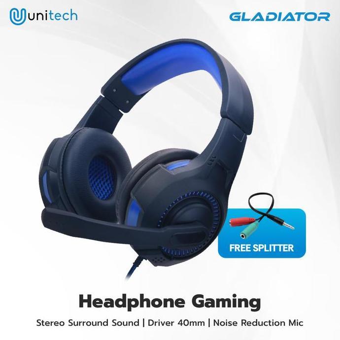 Headset Gaming LED Unitech Gladiator Series dengan Mic + Splitter - Headphone Geming Kabel