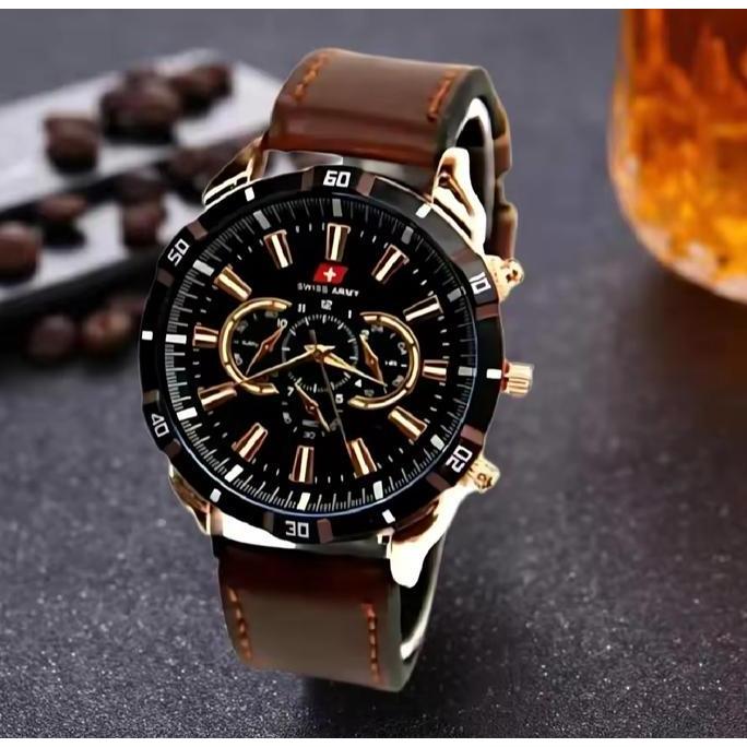 DB56>> BELI 1 DAPAT 3  Jam Tangan Pria Masa Kini Model Tali Kulit Crhono Variasi Bonus Kacamata Kere