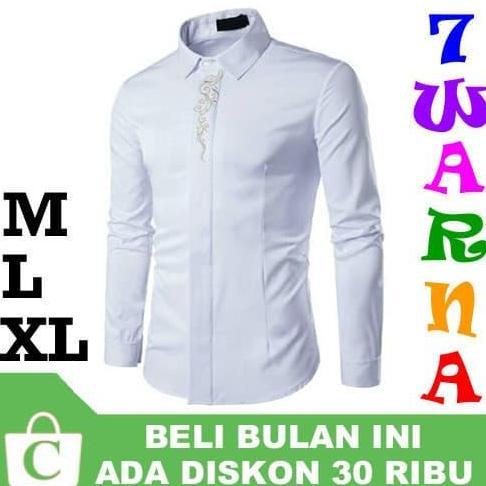 Promo Kemeja Koko Pria Lengan Panjang Dada Bordir Premium PUTIH EMAS COD