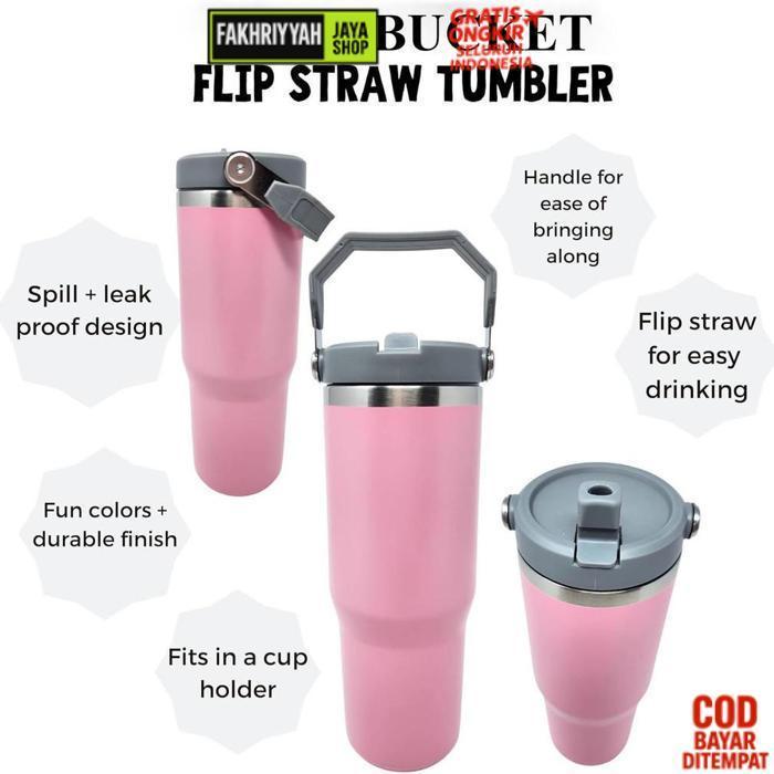 Berkualitas Botol Tumbler 900Ml Bucket Handle Stainless Steel Sedotan Minuman Pegangan Gagang Tahan 