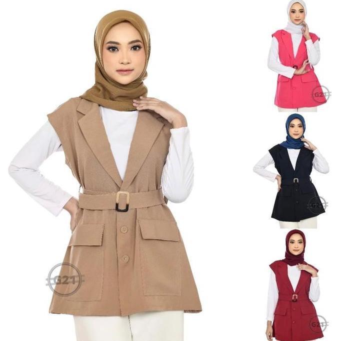 Outer Rompi Vest Blazer balero Cardigan Wanita Tanpa Lengan Body Panjang Se pinggul Pakai Gesper Bah