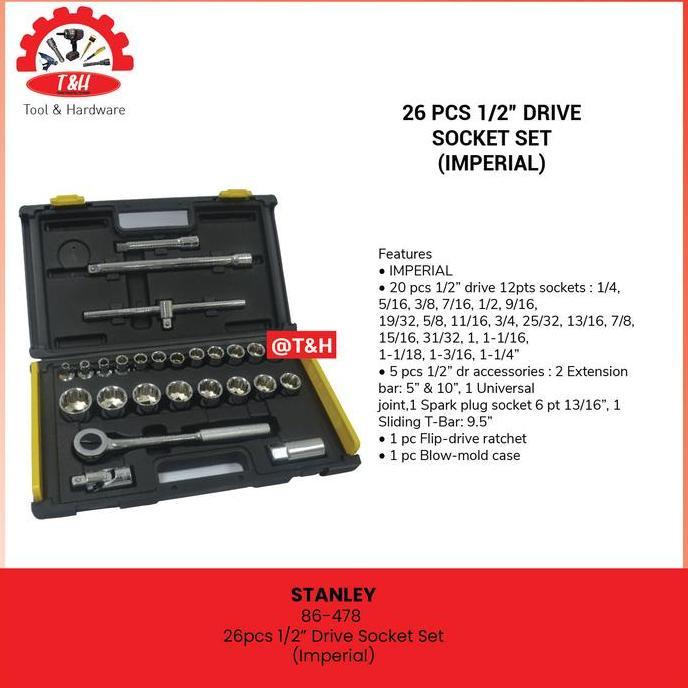 STANLEY / 86-478 26pcs 1/2 Drive Socket Set (Imperial)/Kunci Shock