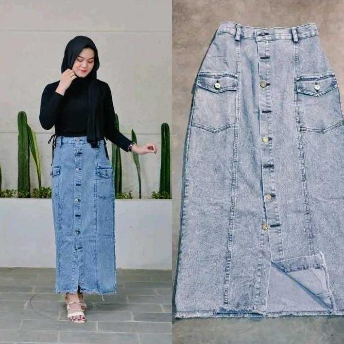 ROK JEANS SPAN FULL KANCING ROK JEANS PANJANG WANITA//Rok Jeans Cargo Jumbo Best Seller Wanita Rok J