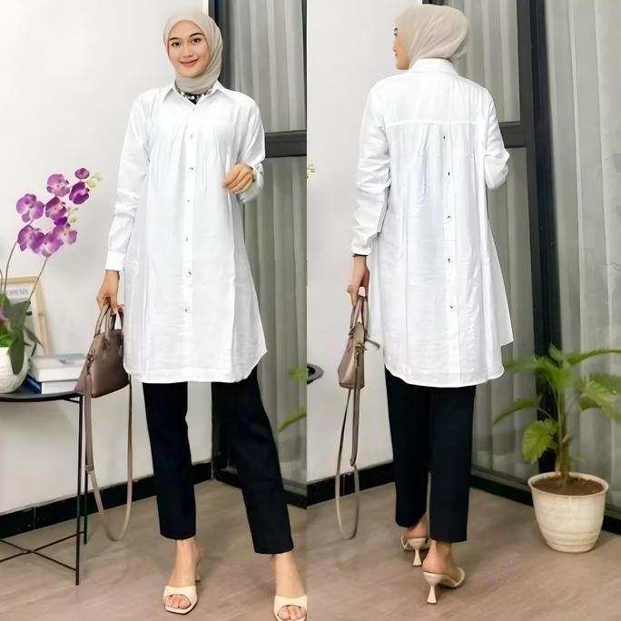 Promo Tunik Cewek Lebaran Lengan Panjang Bahan Polo Linen Baju Lebaran Cewek Perempuan Dewasa Fit L 