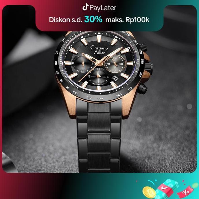Promo Buy 1 Get 1  Cristiano Aillen Jam Tangan Pria Analog 8891 Rantai Stainless Steel Chronograph K
