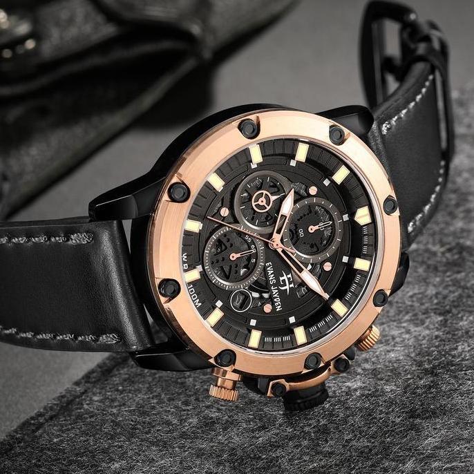Promo Buy 1 Get 1  Evans Jayden Jam Tangan Pria 9570 Kulit Kaca Sapphire Chronograph Water Resistant