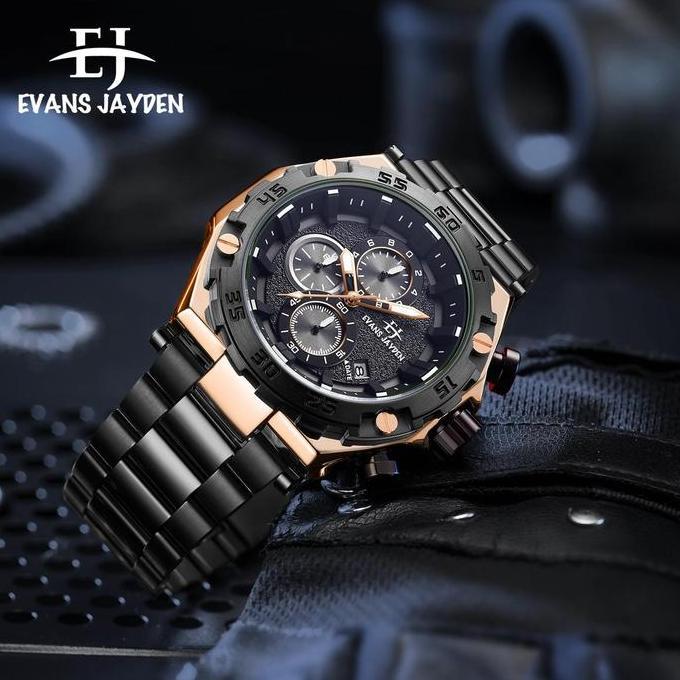 Promo Buy 1 Get 1  Evans Jayden Jam Tangan Pria EJ 9840 Rantai Stainless Steel Chronograph Kaca Sapp