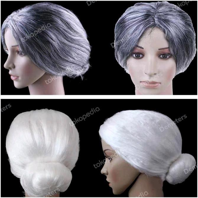 Wig rambut palsu putih abu uban sanggul nenek orang tua lansia cosplay LM