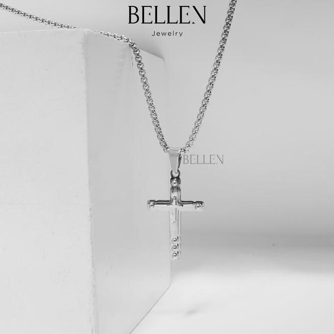 DF229 - Bellen - Kalung Salib Pria Titanium Anti karat / Kalung Salib Korea / Kalung Salib Silver - 