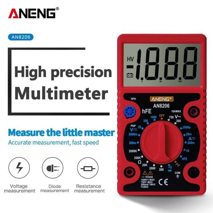 Digital Multimeter Voltage Tester Large Screen Display AN8206 Red