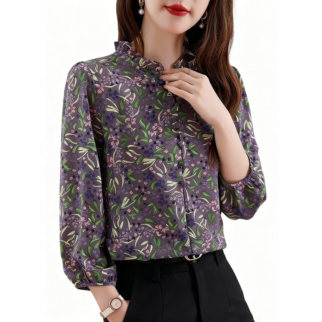 Bebovizi Fashion Kain Sifon Bunga Ungu Blus Perjalanan Kasual Lengan Panjang