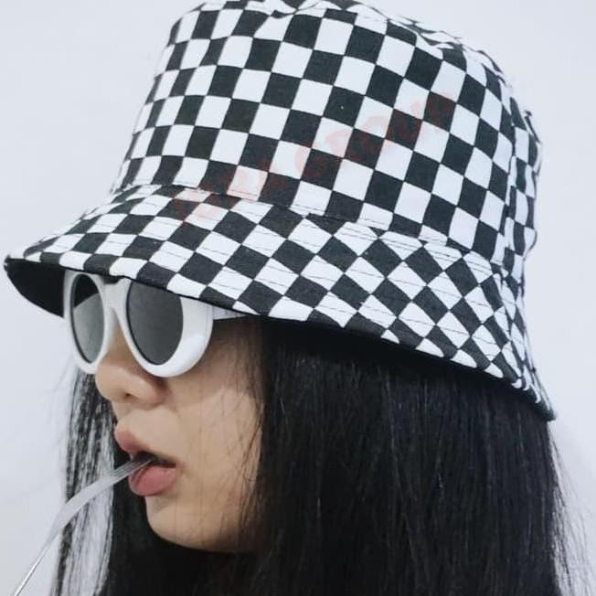 DI136 >> Topi Bucket Hat Motif Kotak-Kotak Topi Pria & Wanita Kekinian Dewasa Putih Musim panas