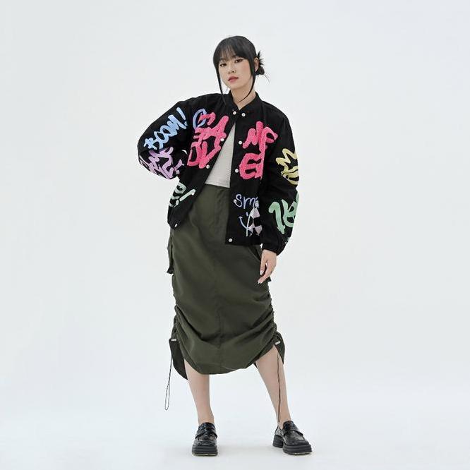 Pakepakaii Jaet Main Bomber Jaet Bordir Hitam Katun Jaket Wanita Abu Coklat Oversize Tebal Suede Tan