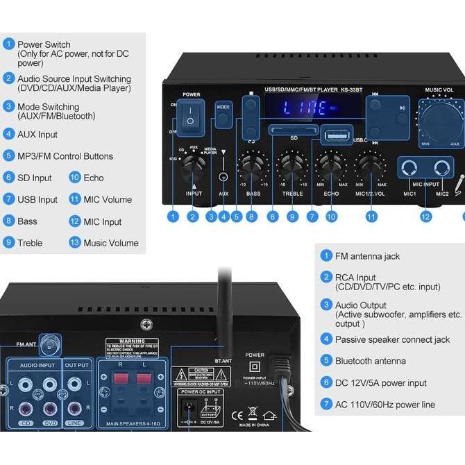 Amplifier Bluetooth EQ Audio Amplifier Home Theater FM 1000W-KS-33BT