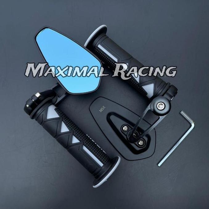 Promo {Bisa COD} Paket 2item Spion Jalu Oval Kaca Biru CNC PLUS Handgrip New Shark Universal Semua M