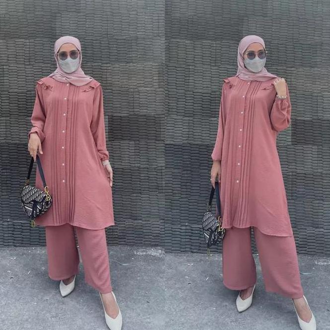 Setelan Tunik Celana Zahra Set/Setelan Cringkle Premium Polos Airflow Baju Muslim